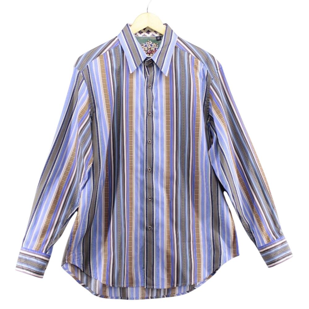 Robert Graham Sz L Cotton Blue White Striped Flip Cuff Men’s Button Front Luxury
